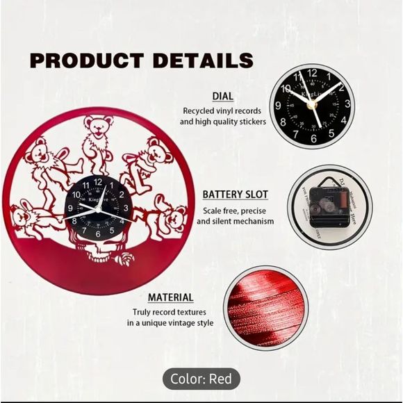 NEW RED Grateful Dead Dancing Bears Vinyl Record Album Carved Clock Jerry Garcia - Picture 8 of 9